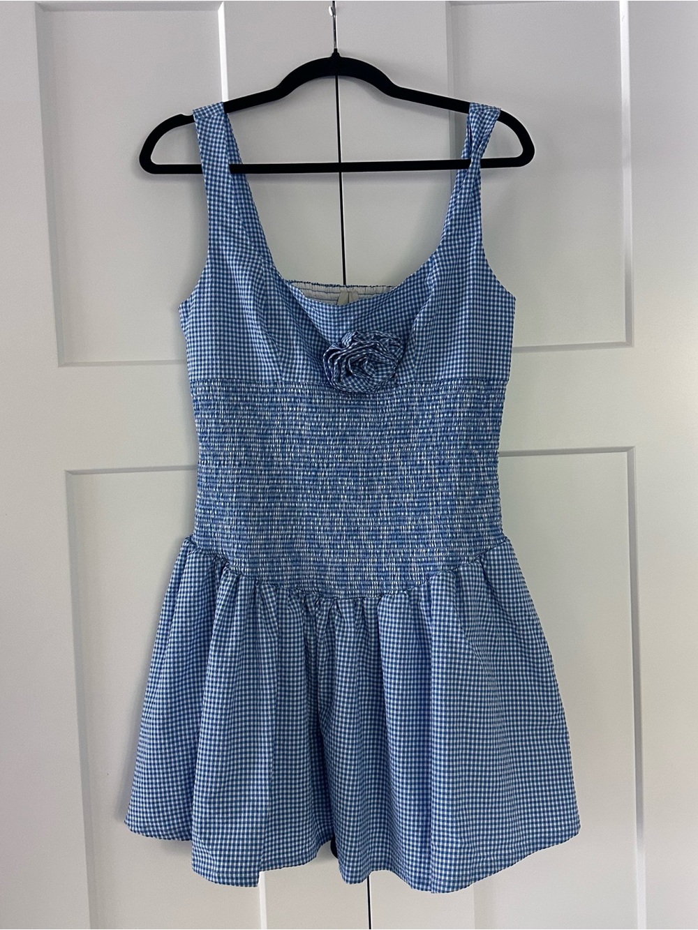 NWT Maeve Blue Gingham Smocked Mini Dress with Floral Detail